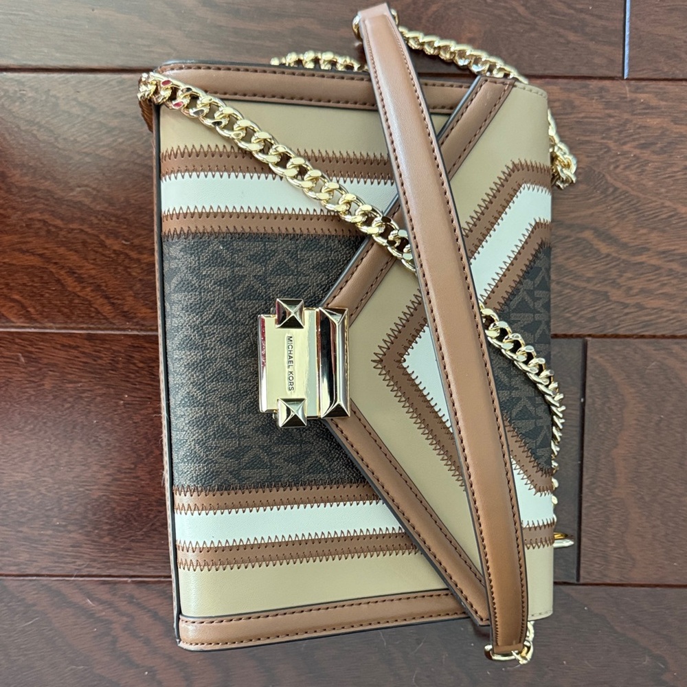 Michael Kors Tan, Brown & Cream Chevron Logo Crossbody